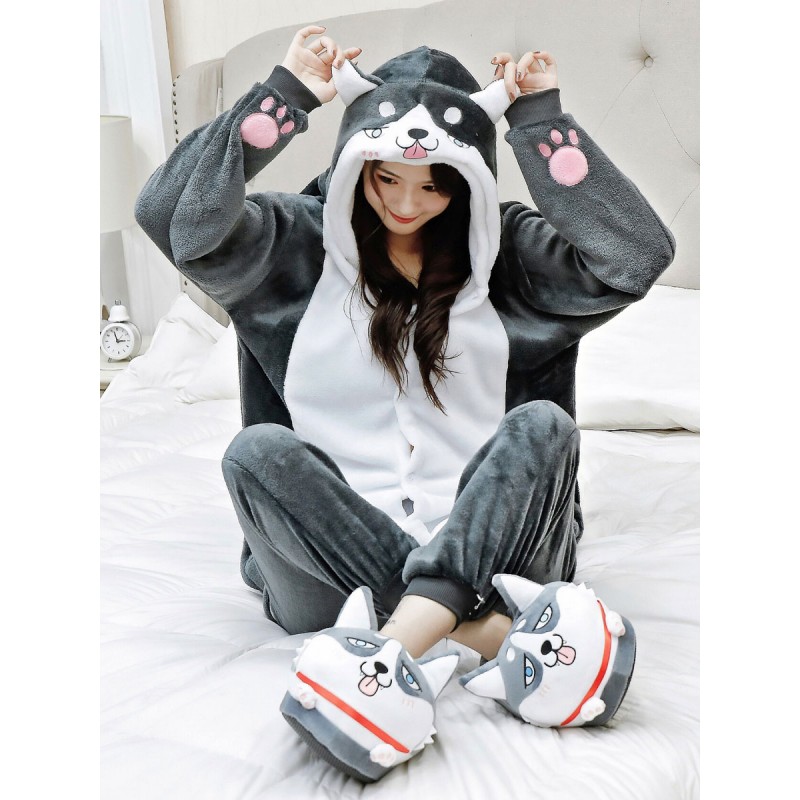 Unisex Kigurumi Pajamas Husky Dog Onesie Adults Flannel Winter Sleepwear Costume Cosplay Carnival Onesie Pajamas