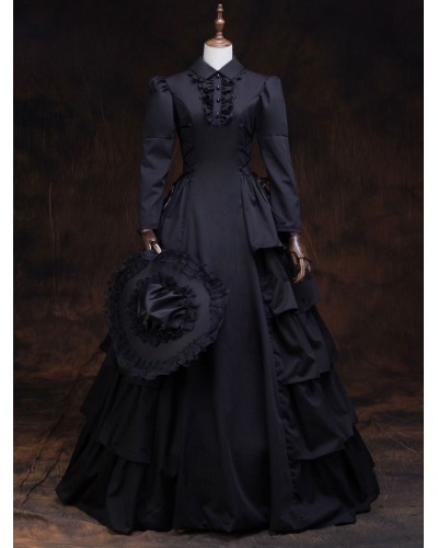 Victorian Dress Costume Women's Black Retro Long Sleeves Ball Gown Lapel Marie Antoinette Costume Dress Victorian Era Style Outfits Costumes Halloween ROCOCO