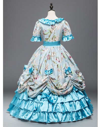 Women Victorian Dress Costume Vintage Costume Rococo Royal Blue Lace Trim Ruffles Printed Long Party Dresses Halloween Sets ROCOCO