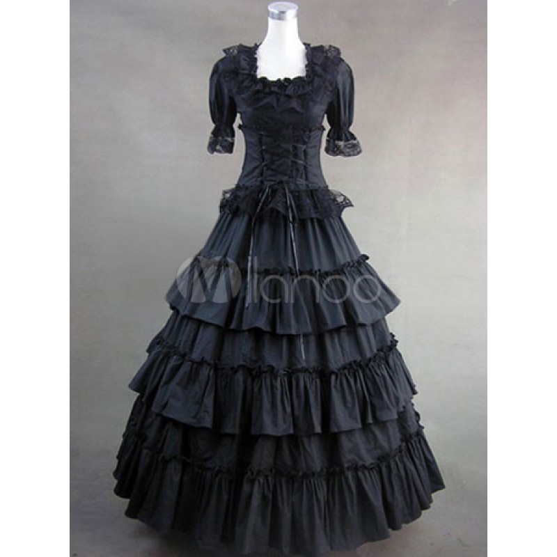 Victorian Black Lace Up Layered Ruffles Half Sleeve Retro Costumes Victorian Era Halloween Holiday Pageant Prom