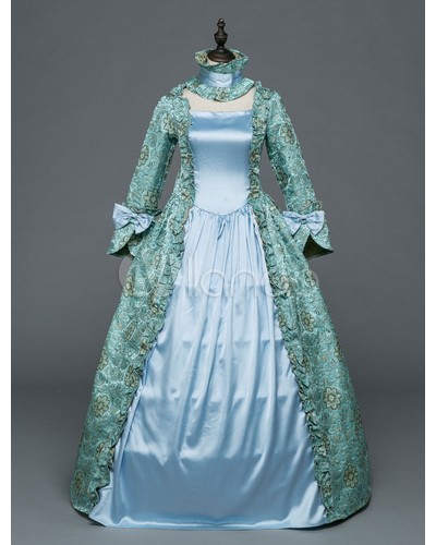 Women Halloween Retro Costume Victorian Dress Baroque Masquerade Ball Gowns Light Blue Floral Long Sleeve Vintage Costume Sets ROCOCO