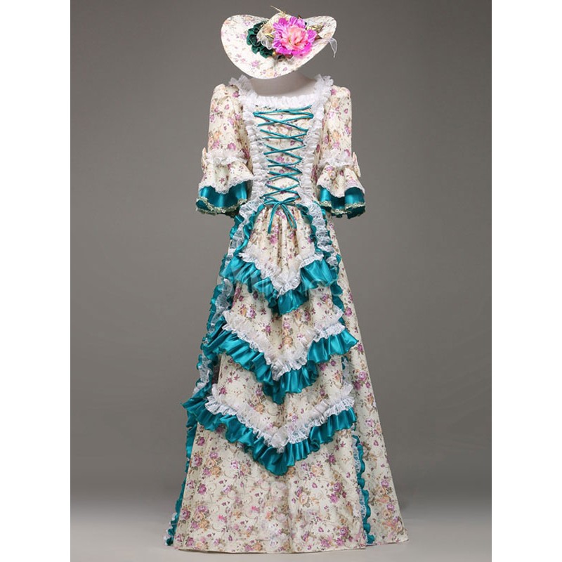 Multicolor Print Tiered Rococo Court Dress Synthetic Costume ROCOCO Halloween Holiday Pageant