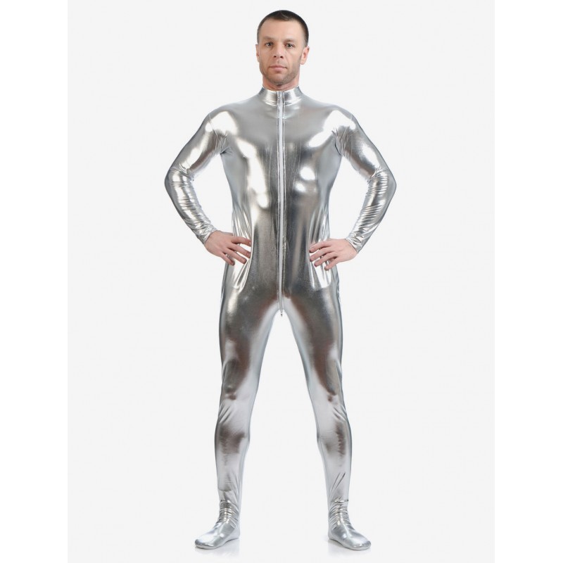 Men Silver Adults Bodysuit Shiny Metallic Catsuit For Solid