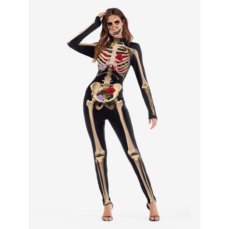 Skeleton And Flower Print Bodysuit Long Sleeve Skinny Catsuit Sets