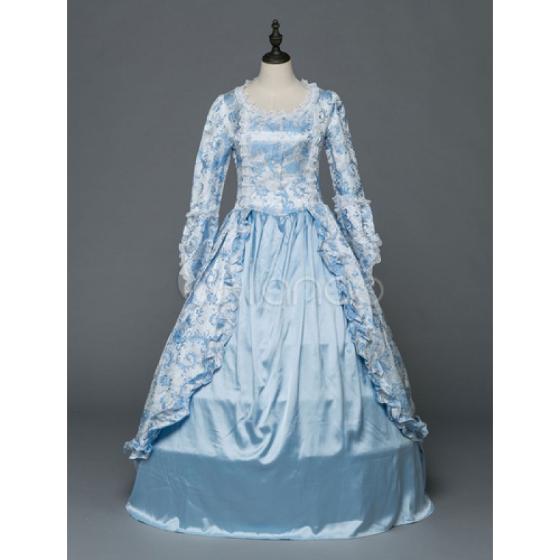 Women Retro Costume Halloween Rococo Victorian Dresses Lace Vintage Light Blue Long Sleeve Ball Gowns Sets ROCOCO