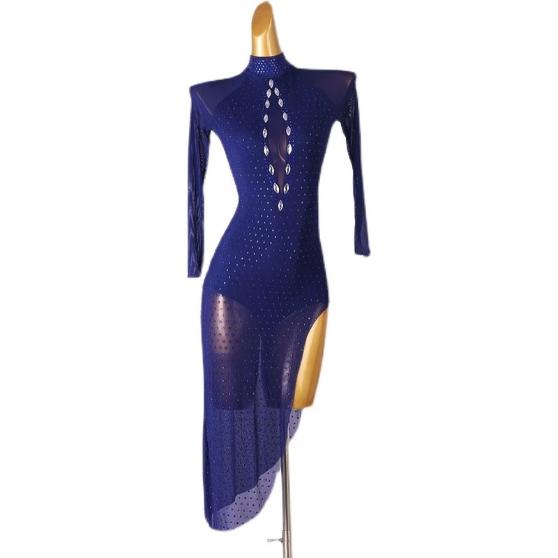 Latin Dance Dresses Dark Navy Women's Rhinestones Bodycon Polyester Dress Dancing Wear Sexy Ball