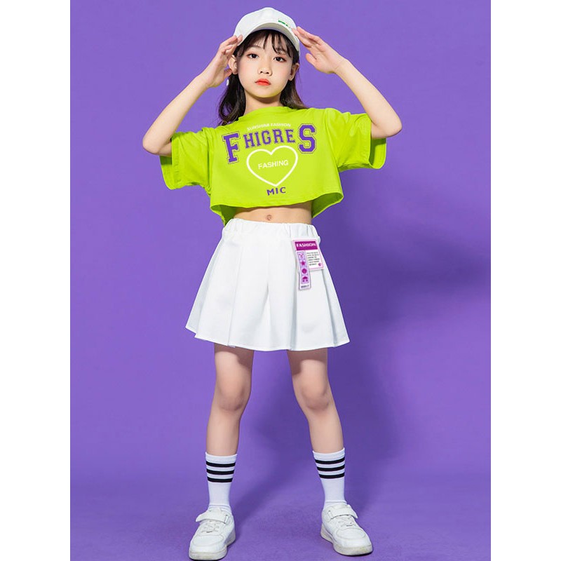 Women Hip Hop Dance Costumes Kid's Green 's Dancer Skirt Top Set Polyester Street Dancing Costume Sets