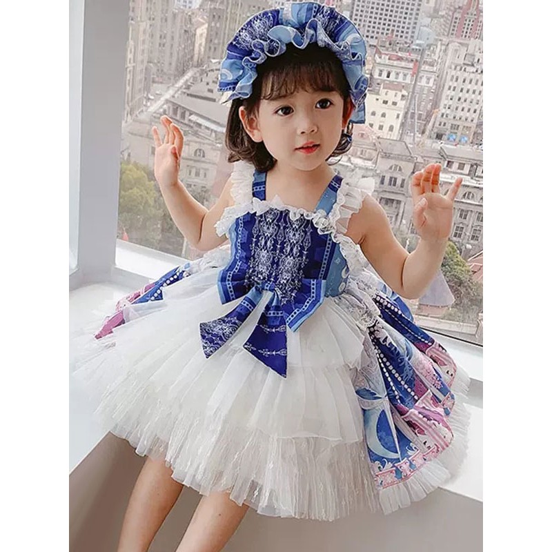 Polyester Daily Casual Bows Sleeveless Polyester Fall Dress Floral Print Blue Kids' Lolita Dresses Sweet ROCOCO