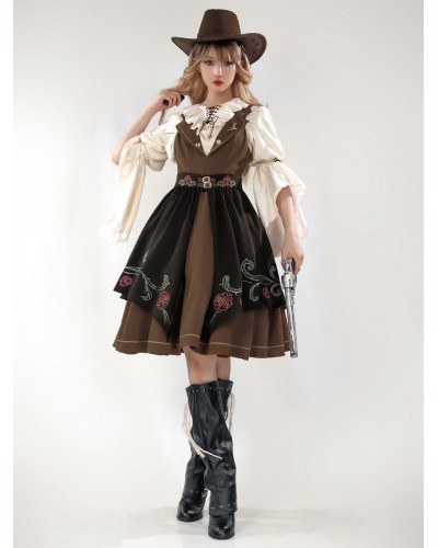 Classical Lolita Dress Polyester 3/4 Length Sleeves Floral Print Lolita Dresses Academic Coffee Brown