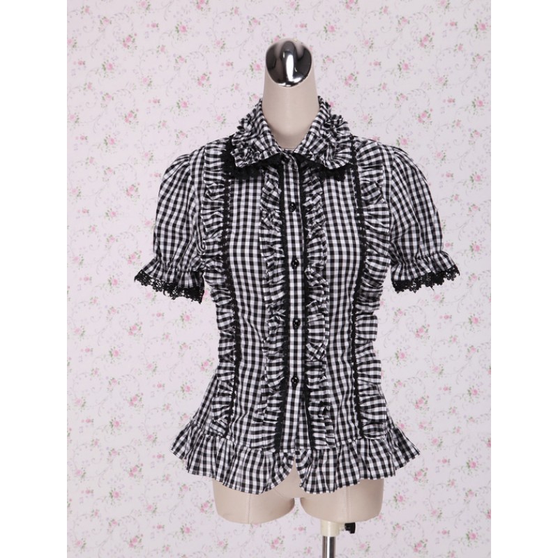 Black White Gingham Lolita Blouse Short Sleeves Ruffles Lace Trim