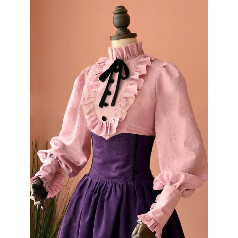 Rococo Lolita Blouse Puff Sleeve Stand Collar Ruffles Pink Lolita Top Spring Fall