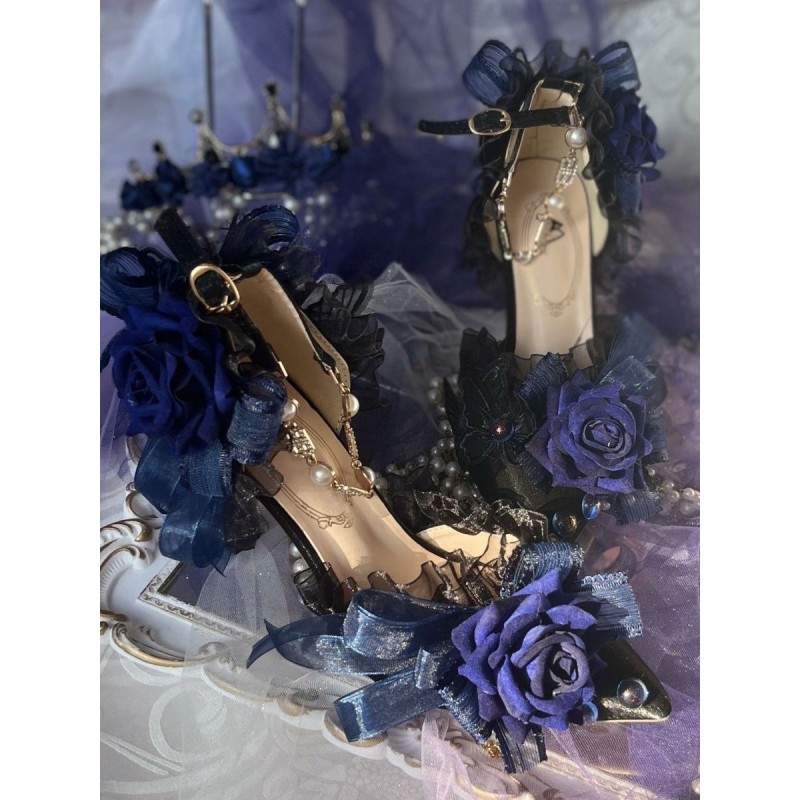 Lolita Wedding Dress Lolita Sandals Bows Flowers Pearls Pointed Toe Elastic Fabric Deep Blue Lolita Summer Shoes