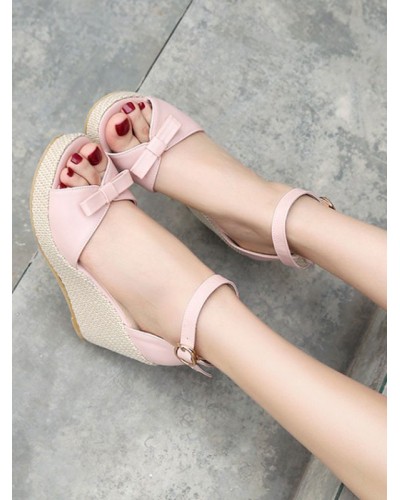Sweet Lolita Sandals Wedge Bows Leather Round Toe Lolita Summer Shoes Daily Casual