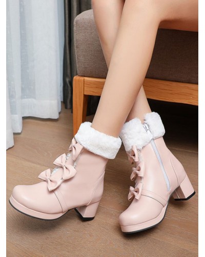 Sweet Lolita Boots Round Toe Black Bows Chunky Heel Lolita Boots