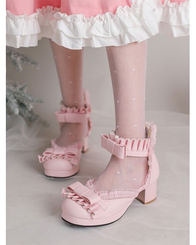 Sweet Lolita Sandals Bows Ruffles Round Toe PU Leather White Lolita Summer Shoes