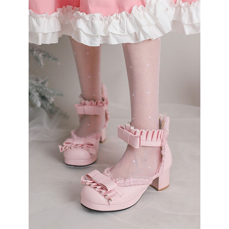 Sweet Lolita Sandals Bows Ruffles Round Toe PU Leather White Lolita Summer Shoes