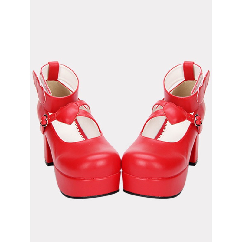 Red Lolita Chunky Pony Heels Shoes Platform Ankle Strap Heart Shape Decor Buckle Round Toe