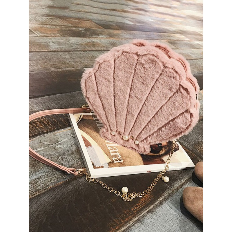 Lolita Bag Seashell Faux Fur Pearl Chain Pink Lolita Shoulder Bag Sweet