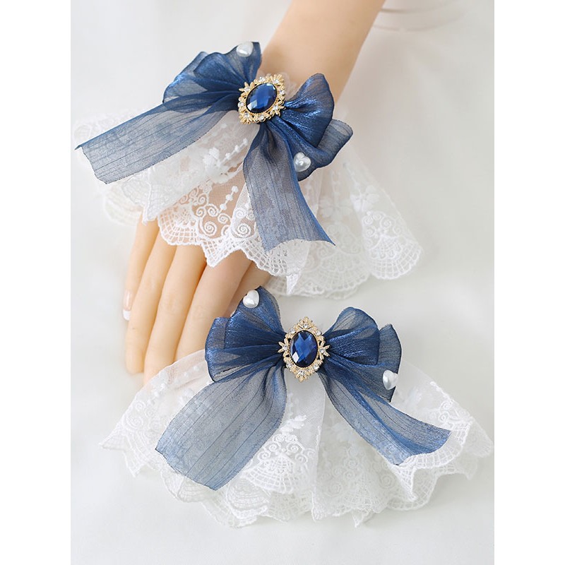 Deep Blue Lolita Bracelet Polyester Accessory Bow Jeweled Lace Bows Lolita Accessories