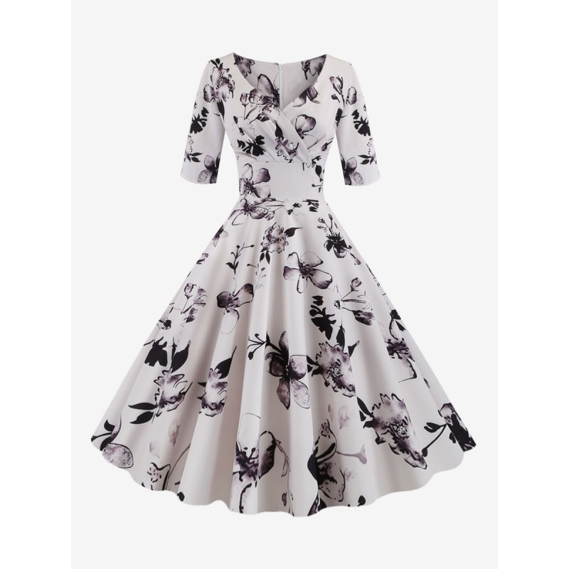 Women Dress Black 1950s Audrey Hepburn Style Floral Print Layered Half Sleeves Sweetheart Neck Medium Rockabilly Dress Vintage Street Wear Daily Casual