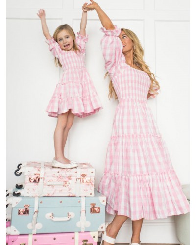 Barbie Pink Gingham Dress Parent-child Square Neck Plaid Medium Summer Dress Bodycon Street Wear Daily Casual