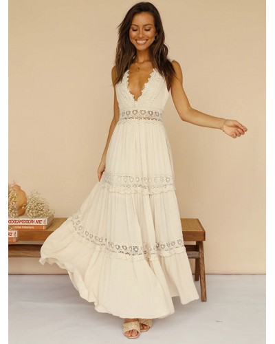 Dress V-Neck Sleeveless Casual Backless Long Dress Maxi Beach Resort Wear