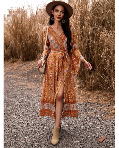 Women Boho Dress V-Neck Bell Sleeves Floral Printed Wrap Dress Bodycon Daily Casual Dating Resort Wear