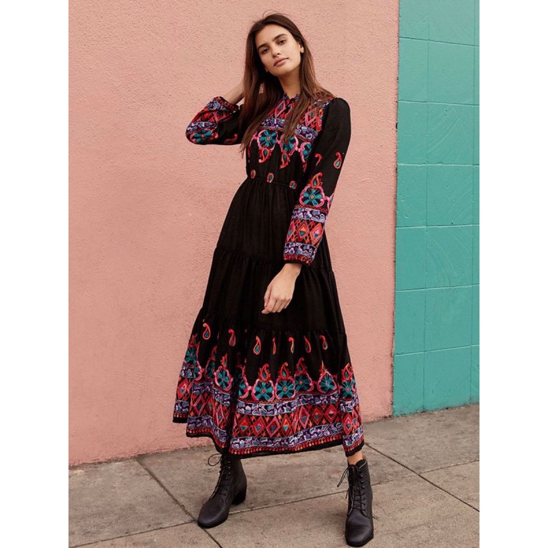 Women Boho Dress V-Neck Long Sleeves Black Embroidered Gypsy Beach Vacation Summer Long Dress Bohemian Spring Fall