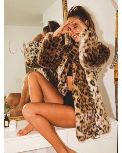 Faux Fur Coat Leopard Print Winter Outerwear For Women 2023 Casual