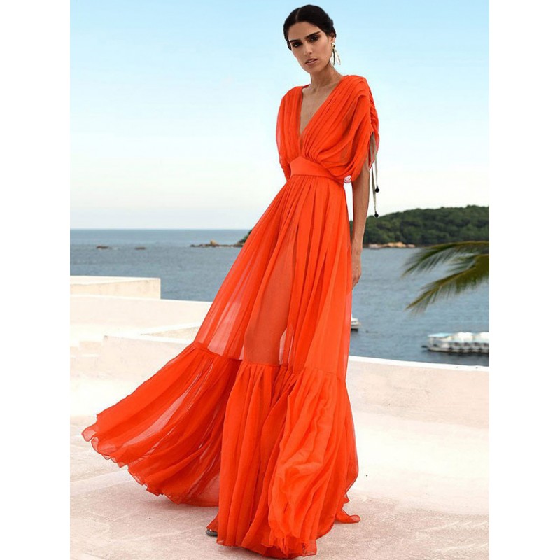 Women Dress Orange Red V-Neck Short Sleeves Backless Long Dress Maxi Beach Resort Wear