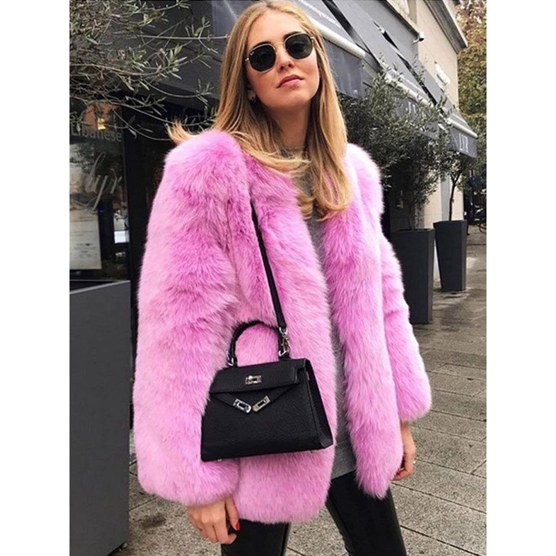 Faux Fur Coats Light Sky Blue Natural Waist Long Sleeves Oversized Women Coat Faux Fur Coat Winter