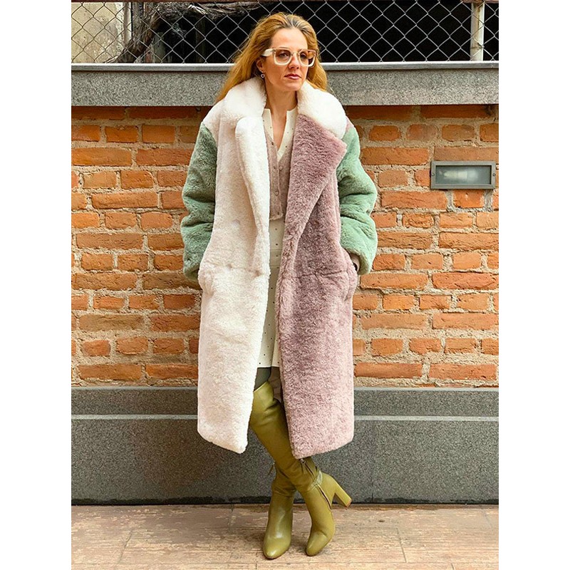 Women Faux Fur Coats White Natural Waist Long Sleeves Color Block Oversized Coat Faux Fur Coat Winter Street Wear Daily Casual Field