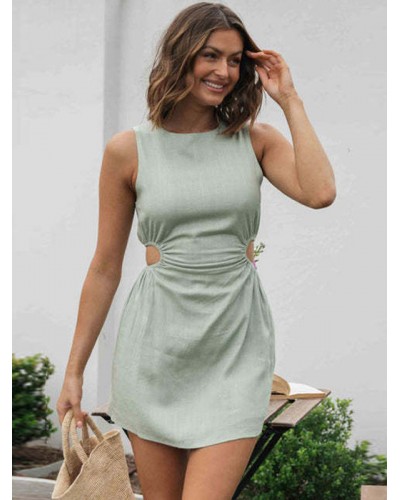 Dress Jewel Neck Cut Out Blue Extra Short Beach Dress Summer Street Wear Resort Wear