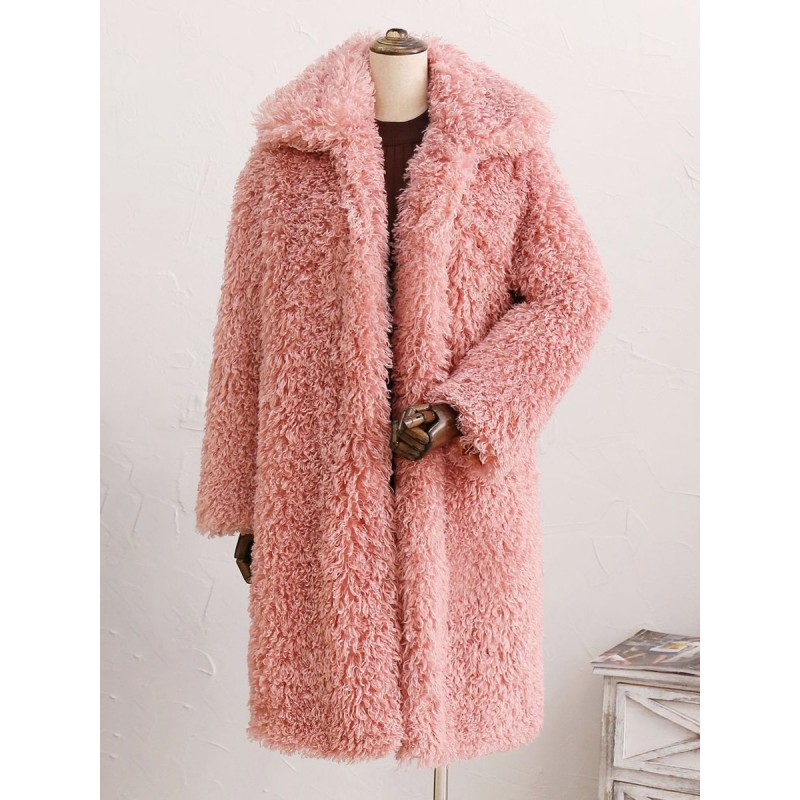 Faux Fur Coats Long Sleeves Casual Oversized Turndown Collar Pink Coat Faux Fur Coat Fall Winter