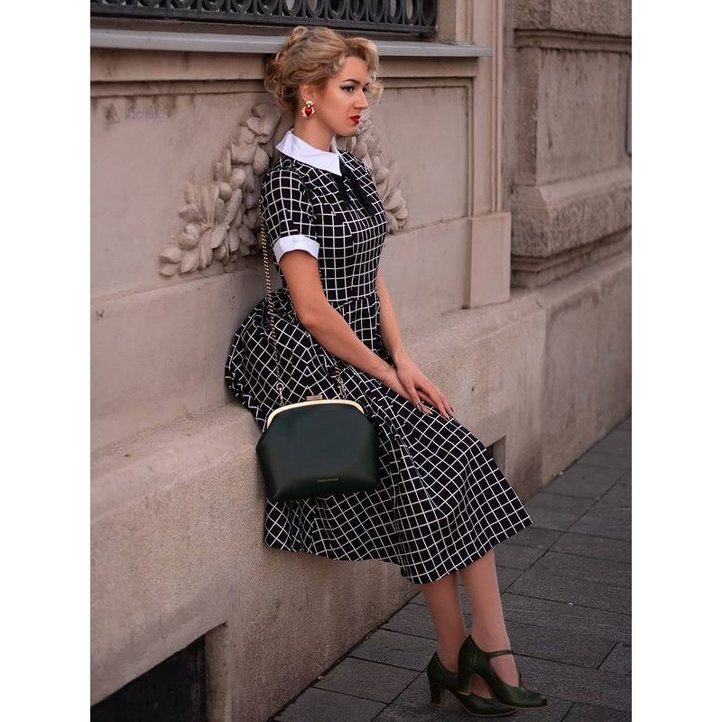 1950s Audrey Hepburn Style Black Dress Plaid Pattern Short Sleeves Turndown Collar Retro Rockabilly Dress Vintage Daily Casual