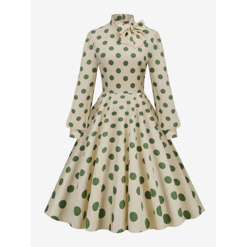 Dress 1950s Audrey Hepburn Style High Collar Bows Long Sleeves Woman's Medium Polka Dot Swing Dress Vintage Retro Fall
