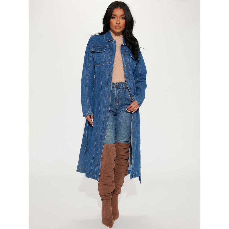 Women Trench Coat For Woman Practical Buttons Turndown Collar Long Sleeves Denim Front Button Trench Coats Fall Winter Street Wear Daily Casual Field
