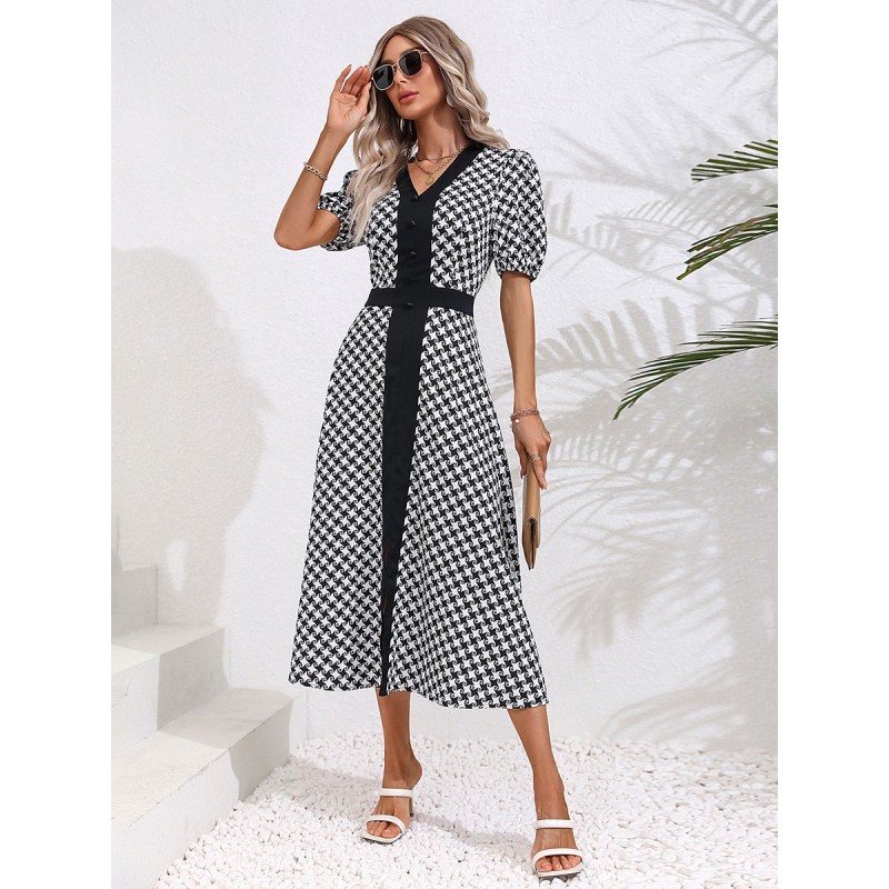 Women Midi Dress Black V-Neck Split Front Geometric Beach Dress Spring Summer