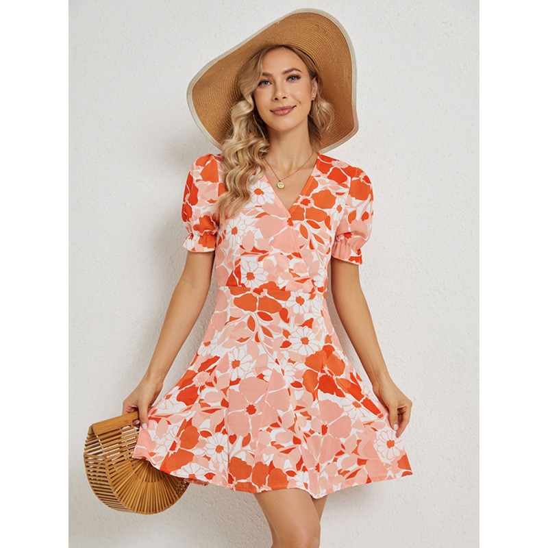 Women Mini Dresses Orange Red V-Neck Floral Print Beach Dress Summer Street Wear Daily Casual Resort Wear