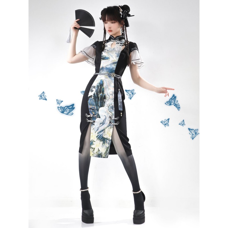 Chinese Style Lolita Dress Lace Up Short Sleeves Polyester Chinese Style Ink Art Black Chinese Style Lolita