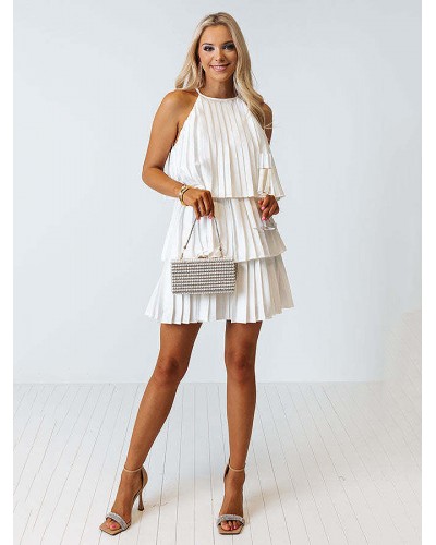 Women Mini Dresses Pink Sleeveless Pleated Short Dress Bodycon Summer