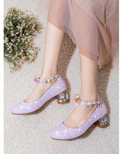 Sweet Lolita Footwear Lavender Sequins Round Toe PU Leather Lolita Pumps Shoes