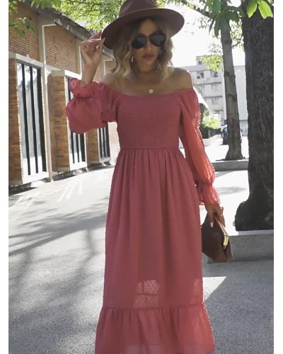 Pleated Long Sleeves Midi Dress Elegant Daily Casual