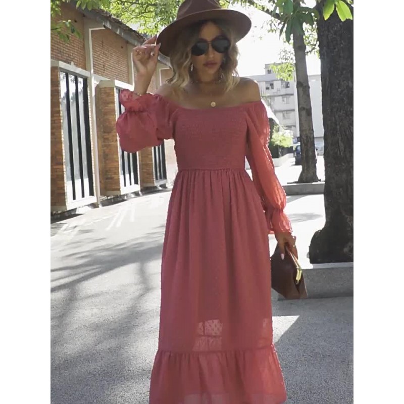 Pleated Long Sleeves Midi Dress Elegant Daily Casual