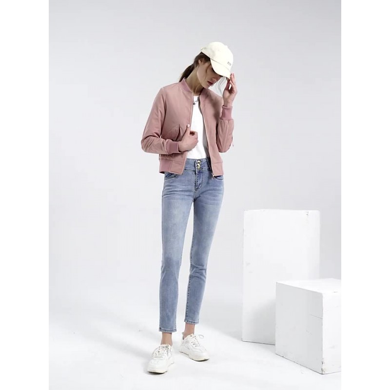 Women Bomber Jacket Baseball Jacket Pink Solid Color Stand Collar Zip Up Cotton Filled Street Outerwear Casual Spring Fall Winter Street Wear Field