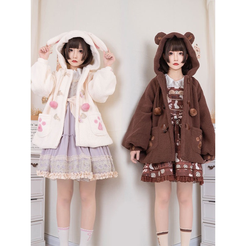 Lolita Coats Coffee Brown Pom Poms Color Block Overcoat Polyester Lolita Outwears Fall Winter