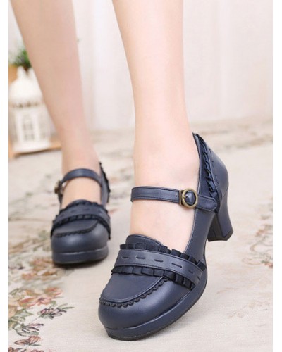 Classic Lolita Footwear Ruffle Chunky Heel Deep Blue Lolita Shoes Daily Casual