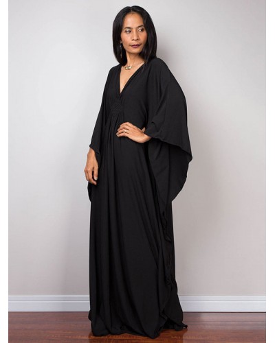 Summer Dress V-Neck Oversized Black Long Dress Maxi Beach Resort Wear