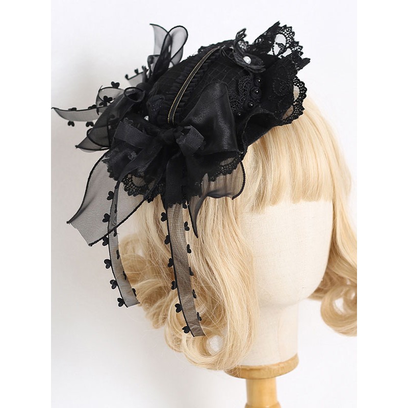 Lolita Hat Black Bows Ruffles Lace Accessory Polyester Lolita Accessories Steampunk Gothic