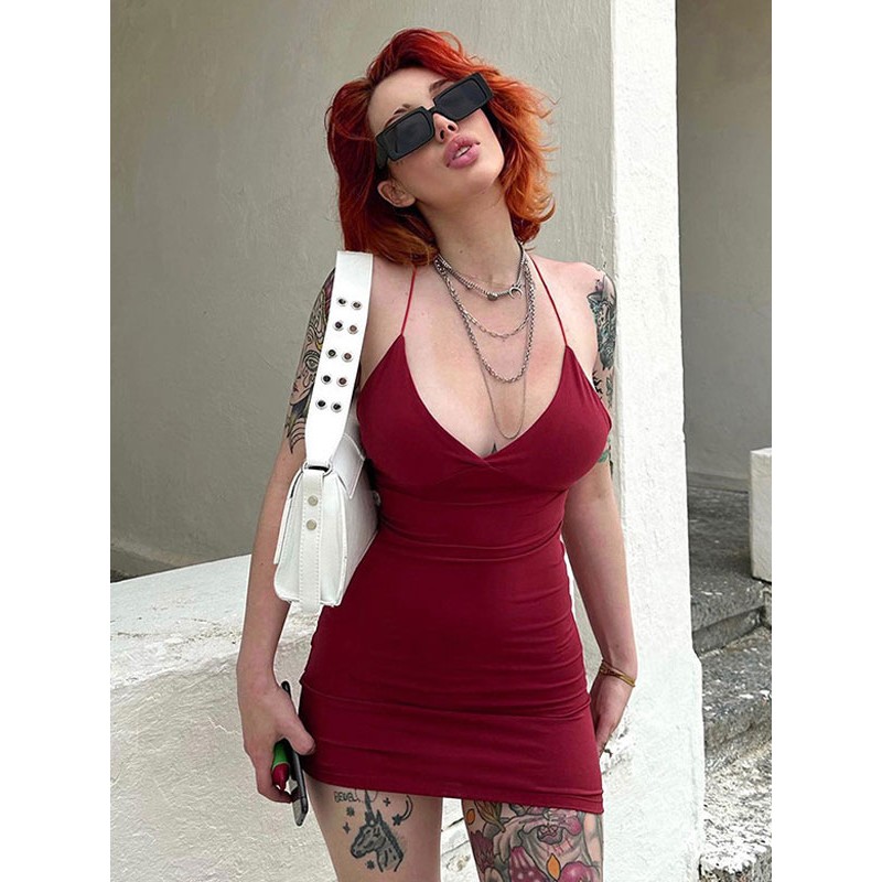 Women Dresses Red V-Neck Lace Up Backless Sexy Sleeveless Pencil Dress Bodycon Street Wear Night Out